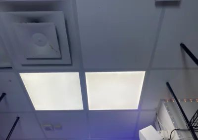 Ceiling with fluorescent lights, tiles, and a smoke detector.